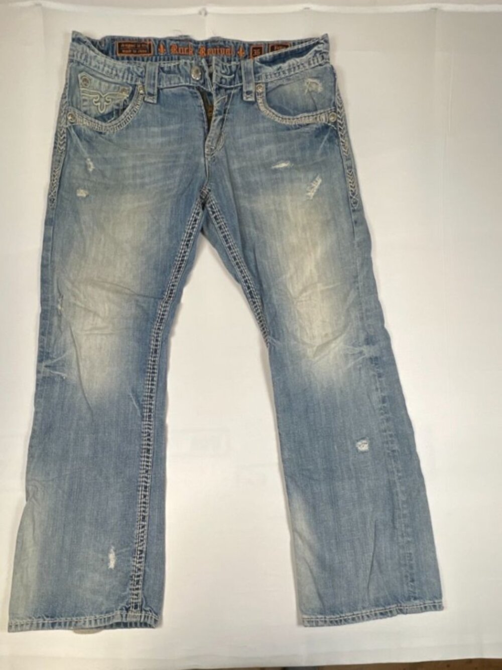 Rock Revival Men 36 Fabio Boot Cut Distressed Blue Jeans Buckle Exclusive